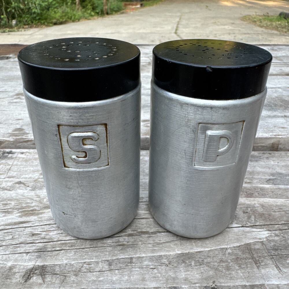 Vintage Mid Century Modern Aluminum Salt and Pepper Shakers Cylinder MCM